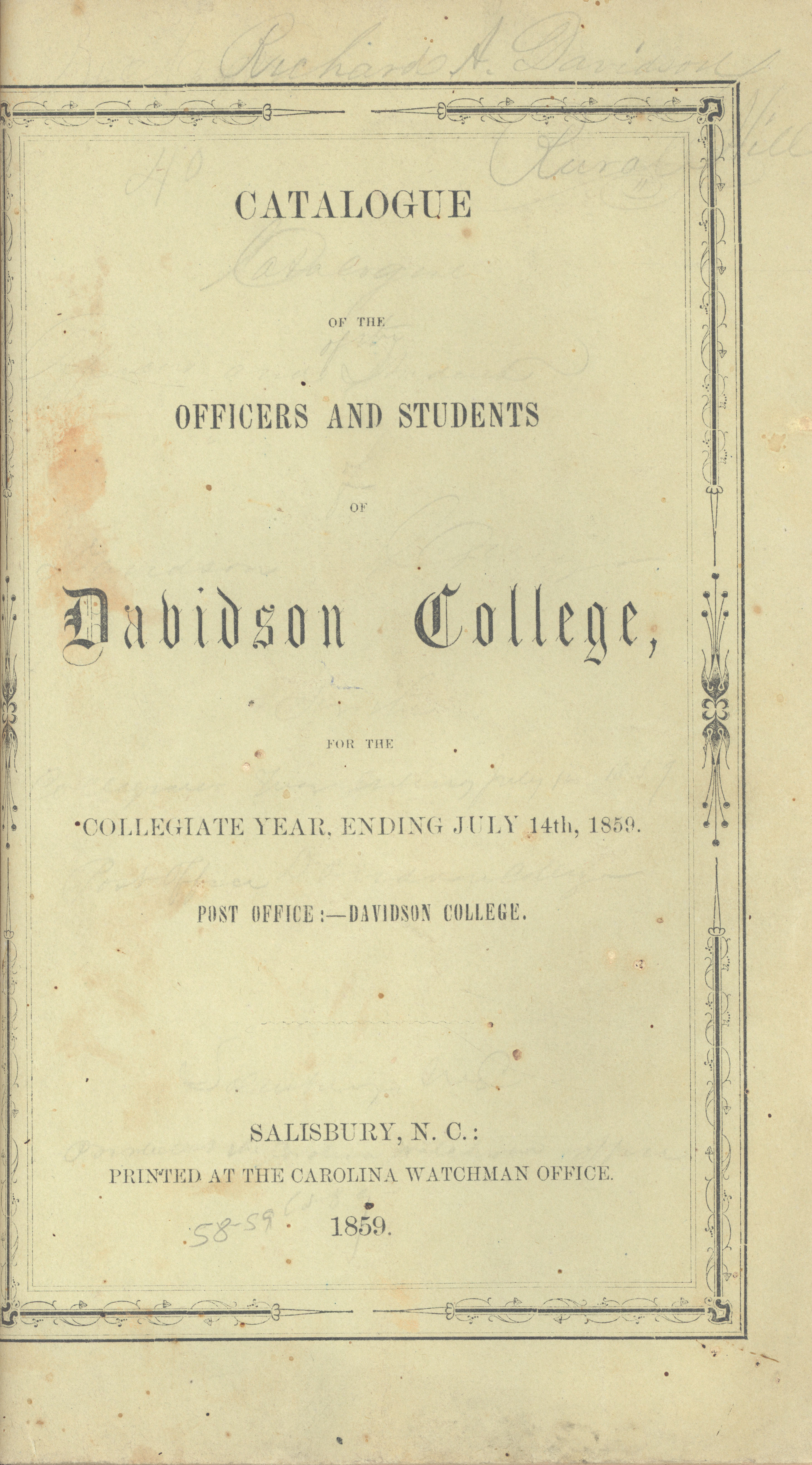 College Catalogs Davidson College Archives & Special Collections