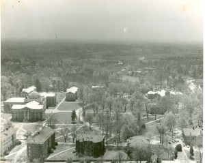 This image is from the early 1950s looking south across campus. It shows the new Davidson College Presbyterian Church and the soon to be demolished Rumple Dormitory (bottom center) as well as showing how undeveloped much the area was