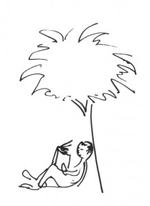 cartoon of a person reading a book sitting on the ground leaning against a tree