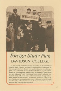 Brochure for Davidson's study abroad program, "Foreign Study Plan Davidson College" with an image of foreign students holding a sign