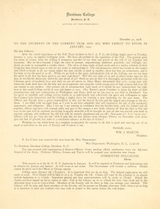 A letter written by President William J. Martin to the Students and Prospective Students reflecting on the impact of the Great War on Davidson College