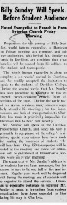 Davidsonian article on Billy Sunday with the heading, "Billy Sunday Will Speak Before Student Audience"