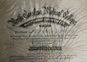 1907 North Carolina Medical College diploma. The medical college moved from Davidson to Charlotte in 1907. It closed in 1913.