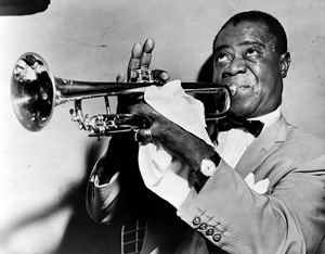 Louis Armstrong playing the trumpet