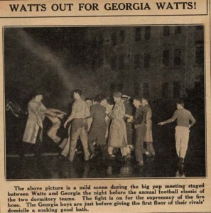 Newspaper article about a water fight before the annual football classic of two dormitory teams with the heading, "Watts Out For Georgia Watts"