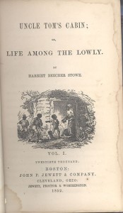 The title page of the book, "Uncle Tom's Cabin; or, Life Among The Lowly"