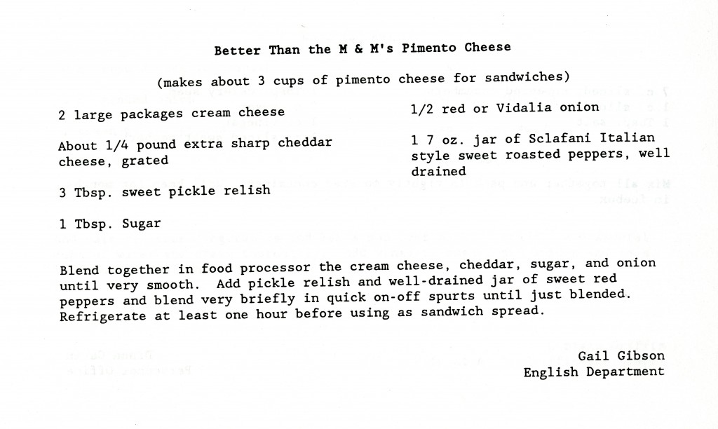 Gail Gibson's "Better than the M&M's Pimento Cheese" recipe