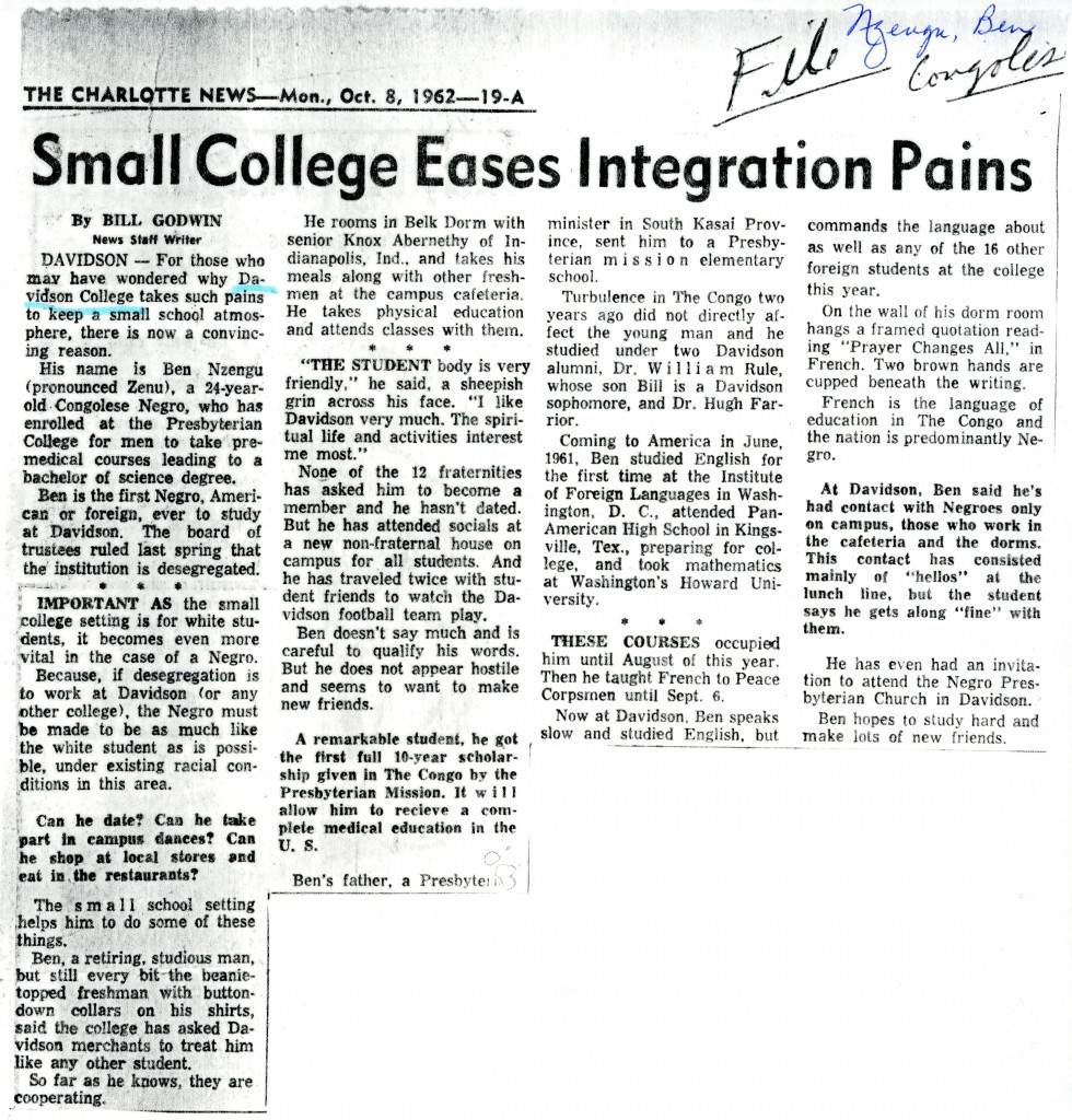 Bill Godwin's Charlotte News story on Ben Nzengu, October 8, 1962, with the heading, "Small College Eases Integration Pains"