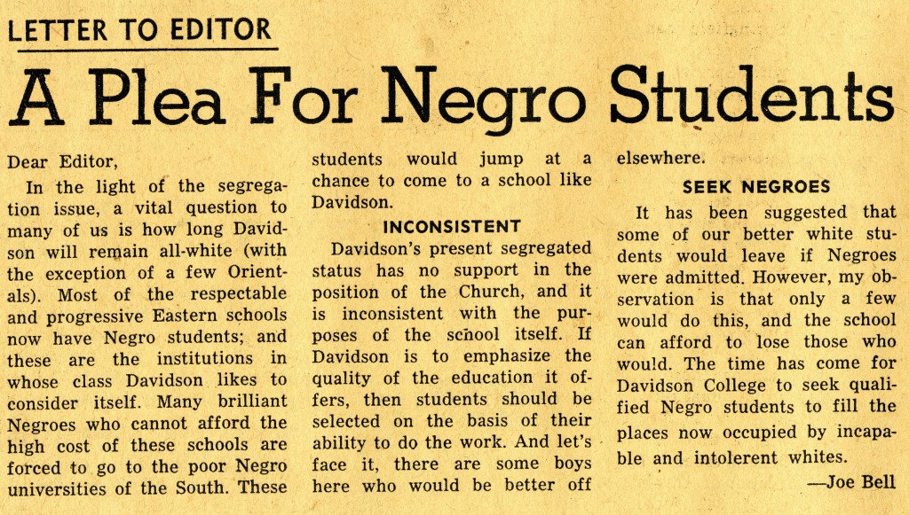 Joe Bell's letter to the editor, January 17, 1958. "A Plea For Negro Students"