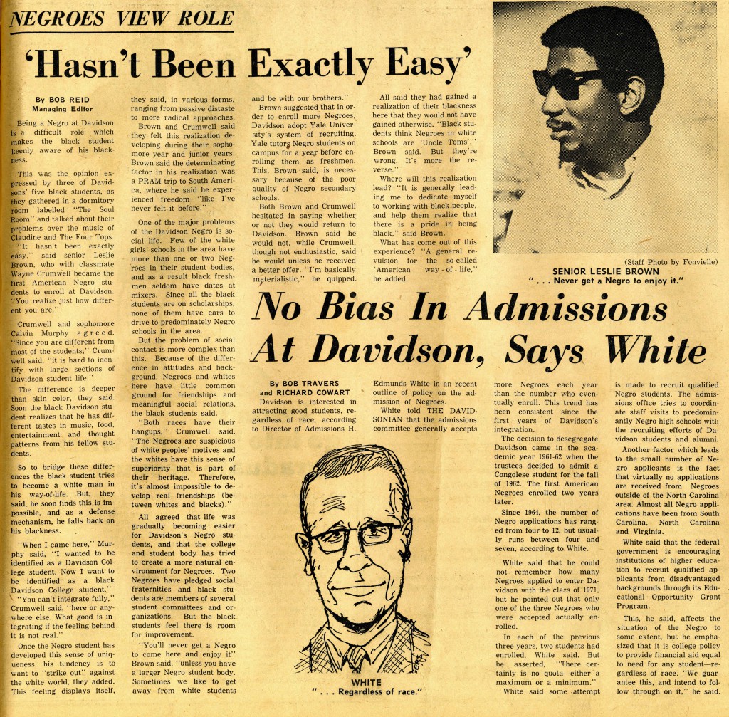 December 10, 1967 Davidsonian article, "Negroes View Role" with the heading, "'Hasn't Been Exactly Easy'" and sub-heading, "No Bias In Admissions At Davidson, Says White"