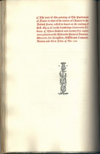 Limited edition information with printer's mark in Geoffrey Chaucer's Parlement of Foules