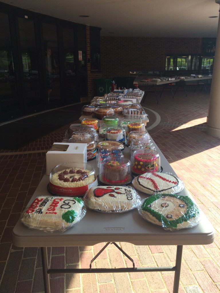 A bunch of cakes on a table right outside of baker sports complex