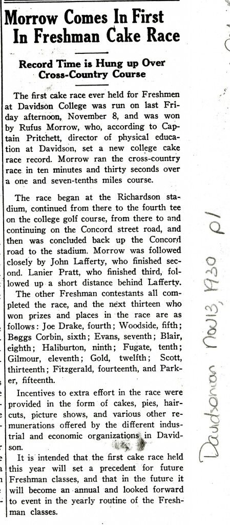 An article about how the first cake race also saw the setting of "a new college cake race record," with the heading, "Morrow Comes In First In Freshman Cake Race"