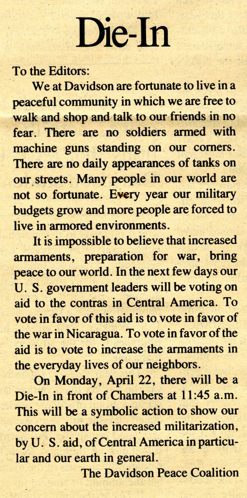 Letter to the Editor from the Davidson Peace Coalition, April 19, 1985 titled, "Die-In"