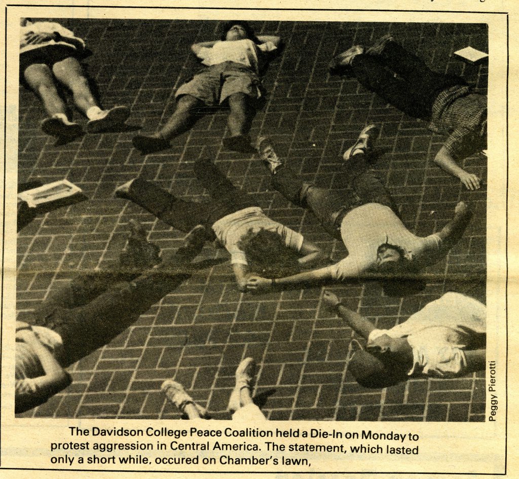 This image of the die-in ran in the April 26, 1985 issue of The Davidsonian. The image is of people lying on the ground to appear dead. The image and caption were the only coverage of the event, outside of Letters to the Editor.