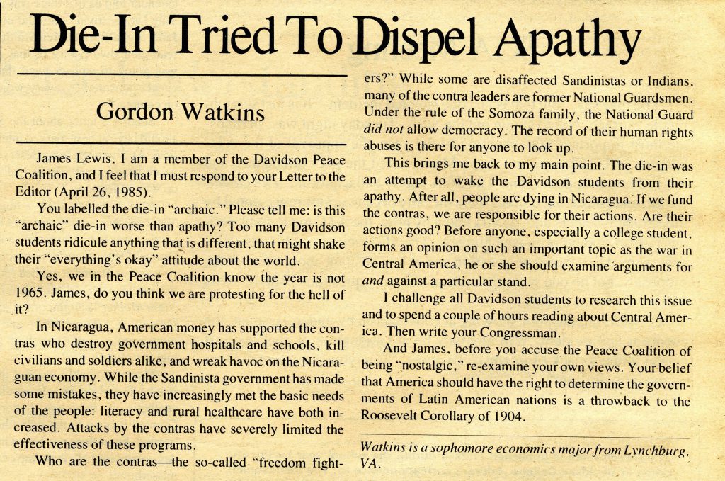 Gordon Watkins' response to John Lewis, "Die-In Tried to Dispel Apathy," ran on the opinions page of the May 3, 1985 issue.