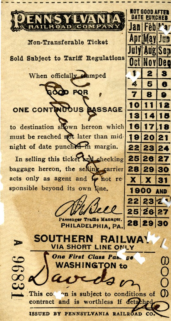 Mary's train ticket for her return to Davidson, via Charlotte.