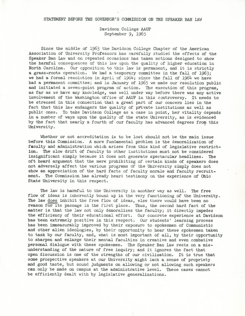 Statement before the Governor's Commission on the Speaker Ban Law, Davidson College AAUP, September 9, 1965.