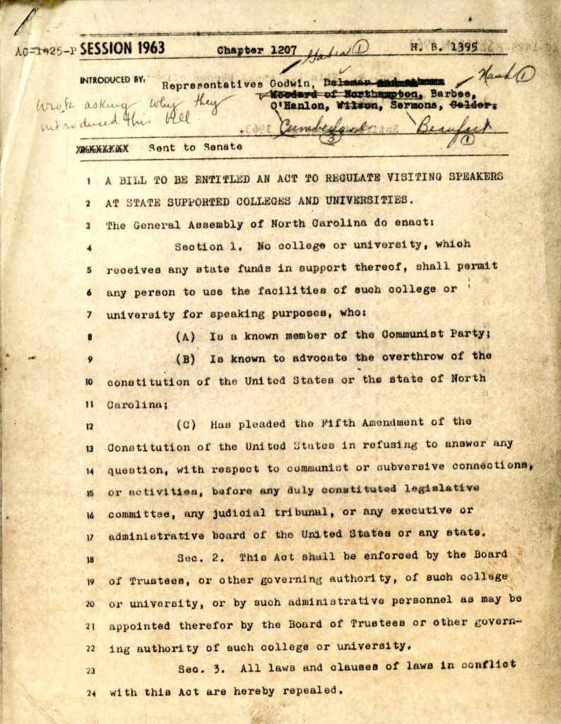 Draft of the Speaker Ban as H.B. 1395, 1963.