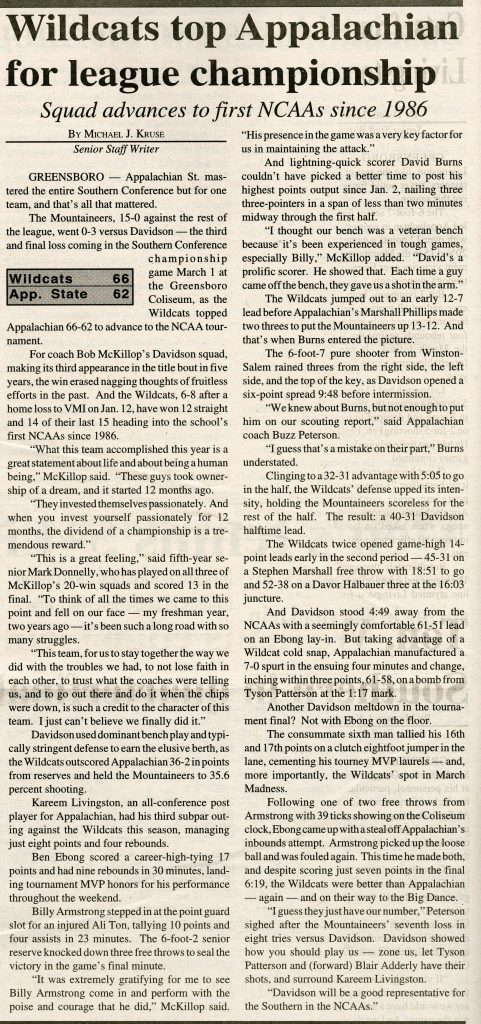 An article in the Davidsonian detailing the Davidson men's squad's win over App State in March 17, 1998 issue, "Wildcats top Appalachian for league championship"