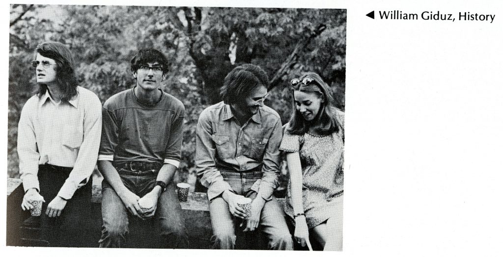 Bill's senior photo, with three other people in the 1974 Quips and Cranks