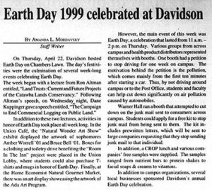 Article on earth day with the heading, "Earth Day 1999 celebrated at Davidson"