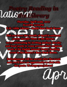 Flyer for the 8th Annual Poetry Reading in the RBR with the words, "National Poetry Month" written in the background of the information