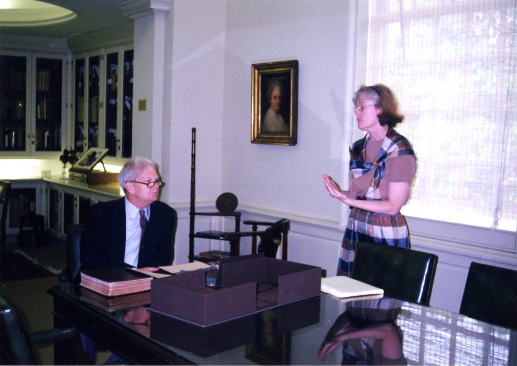 Jan chats with then Librarian of Congress, James H. Billington, in the Rare Book Room during his visit to campus in 2001. Billington is looking at the Arabic language Bible of Omar Ibn Sayyid, one of the highlights of our rare book collection.