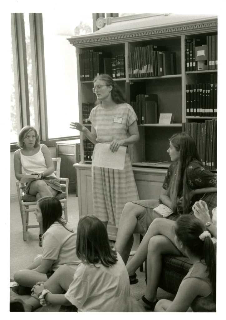 Jan leads a discussion on Davidson history in the Davidsoniana Room during Freshman Orientation in 1996. Jan's introduction to the past and present of Davidson College has been a part of orientation for over 20 years.
