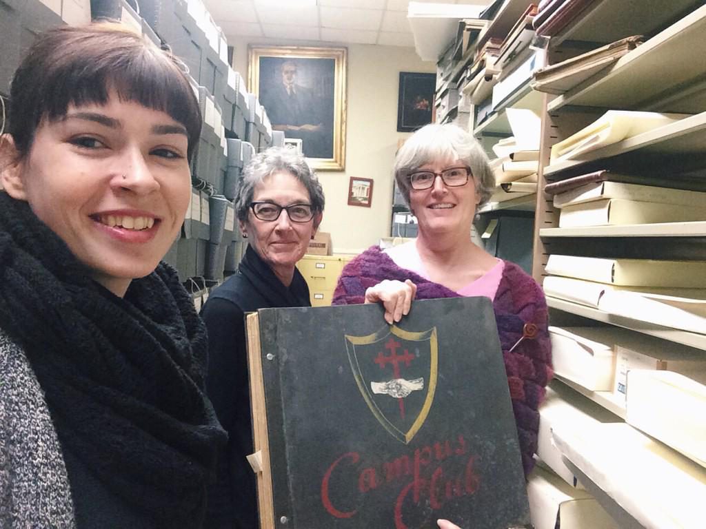 A full Archives & Special Collections staff #shelfie (a picture in which the photo is taken using the front camera on a phone, in this case a "shelfie" because they are next the shelves) in 2015! From right to left: Caitlin Christian-Lamb (me!), Sharon Byrd, and Jan Blodgett.