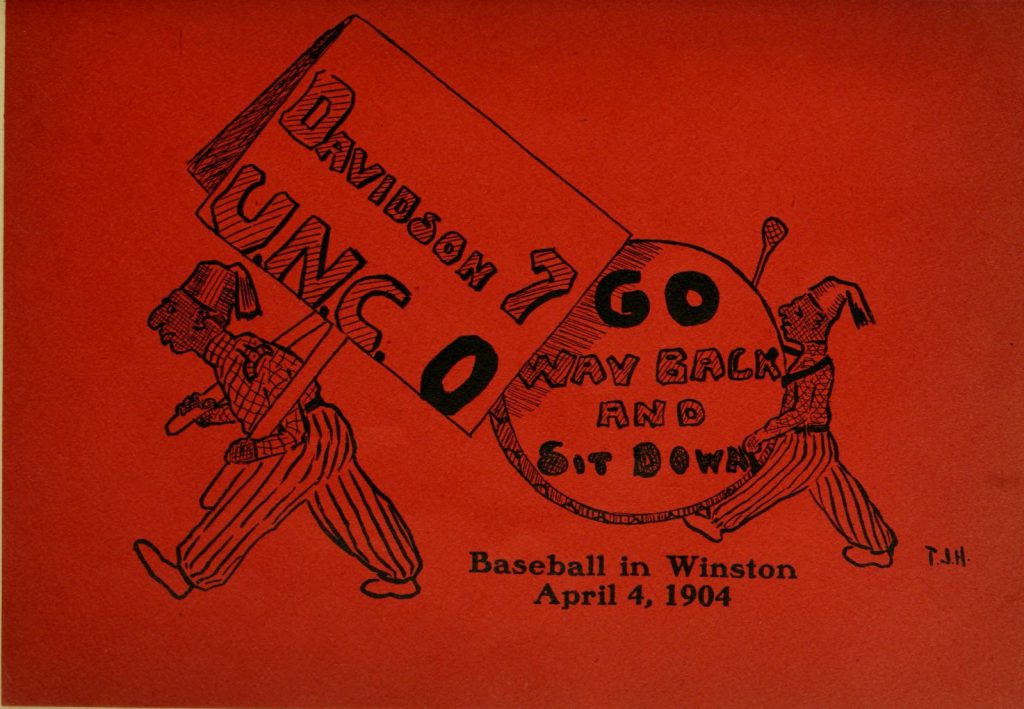 A cartoon from the 1904 Quips and Cranks, celebrating Davidson baseball's win over UNC. Cartoons of this type, often featuring racist stereotypes, were commonly featured in yearbooks in the early 20th century.