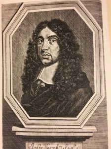 Portrait of a mustachioed man in a long curly wig, typical of the 17th century,