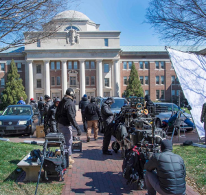 Film crew set up in front of Chambers.