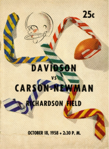 A football player stick figure made out of various colored striped ties. Davidson vs. Carson-Newman. Richardson Field. October 18,1958