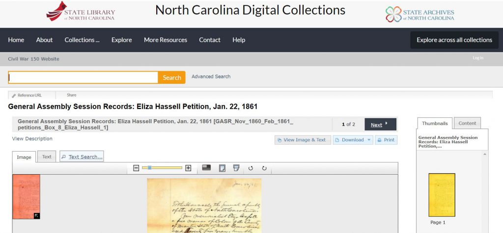 Screenshot of the North Carolina Digital Collections page showing the General Assembly Session Records: Eliza Hassell Petition, Jan. 22, 1861.