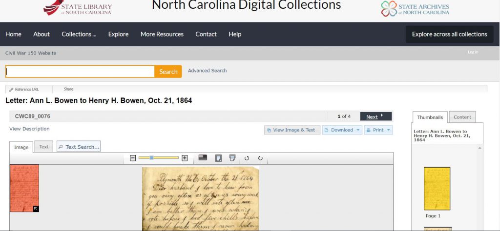 Screenshot of Letter: Ann L. Bowen to Henry H. Bowen, Oct. 21, 1864. Found in the North Carolina Digital Collections.
