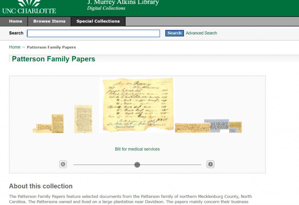 Screenshot of Digitized Patterson Family Papers found at UNC Charlotte.