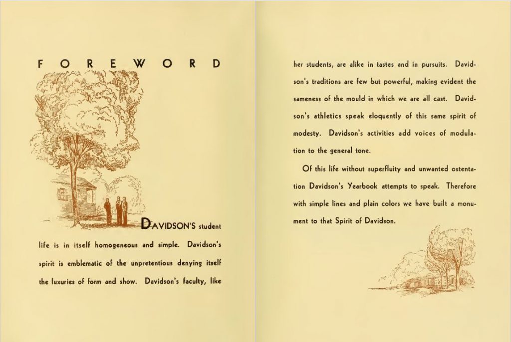 Foreword of the 1933 Quips and Cranks discussing the "Spirit of Davidson." The text is framed by illustrations of campus, including male students under a tree.