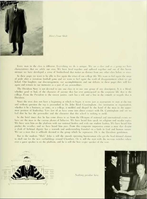 1952 Quips and Cranks foreword discussing the spirit of Davidson. Images of students and faculty line the edges of the page.