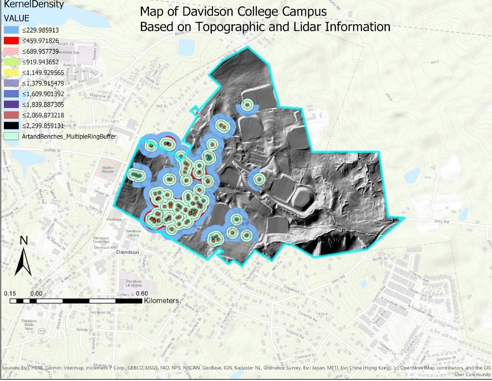 color topographic map of the art and benches on the Davidson campus
