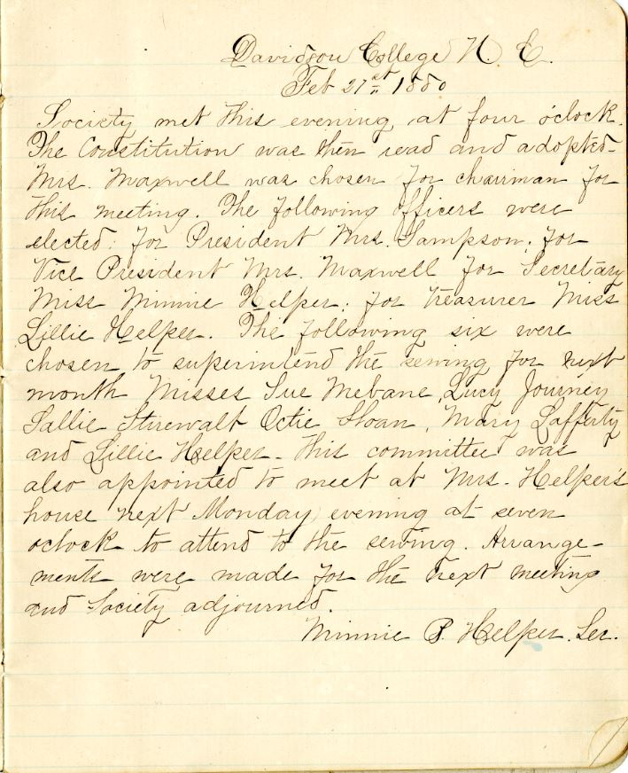 Minutes of the Ladies Benevolent Society, February 27, 1880. Members discuss meeting a Mrs. Helper's house and officer appointments.