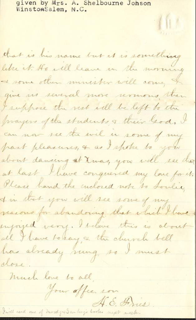 Letter from Henry Fries to his mother, April 2, 1876. Contents of the letter is discussed, below.