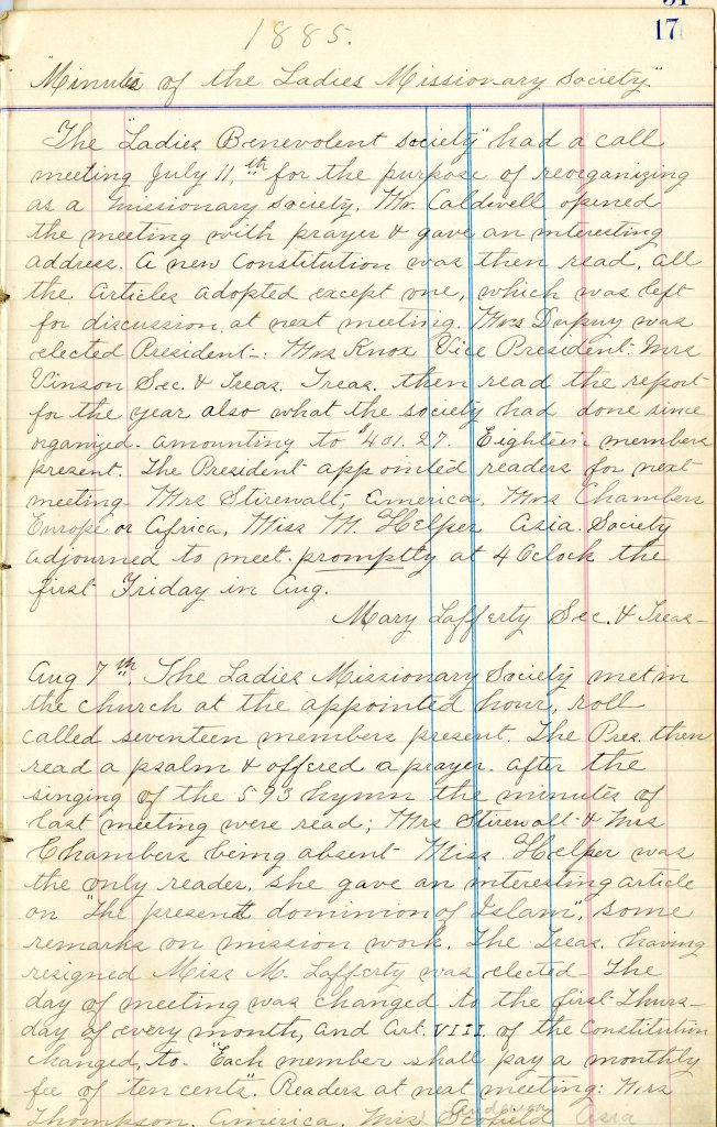 Scan of a handwritten page from the minutes book for the Ladies Missionary Society of Davidson College Presbyterian Church dated 1885. The needed content is described in the next paragraph.