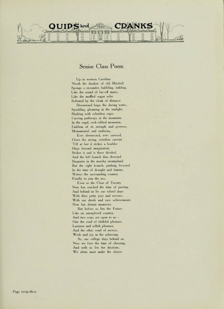 Senior Class Poem from Class of 1920 as featured in the college annual, Quips and Cranks