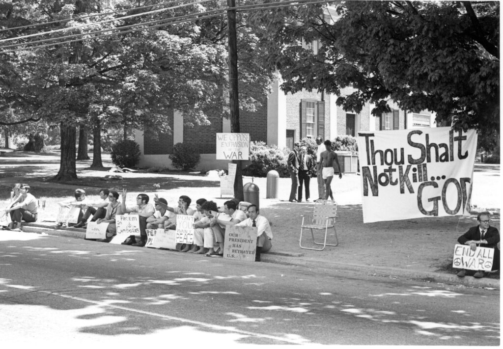 Students protesting the Vietnam War on Main Street (circa 1970s)